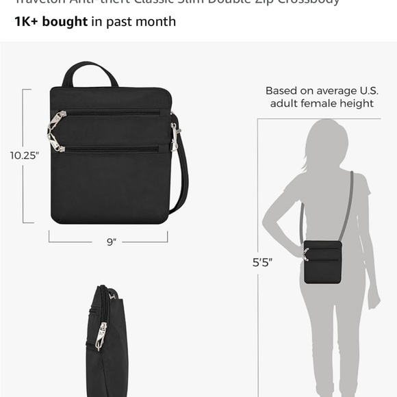 NWT Travelon slim double zip Black Crossbody anti theft Bag - Picture 9 of 15